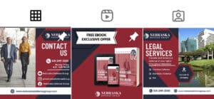 Three posts in a row from the Instagram grid, left to right covering contact info, an e-book promotion, and legal service options