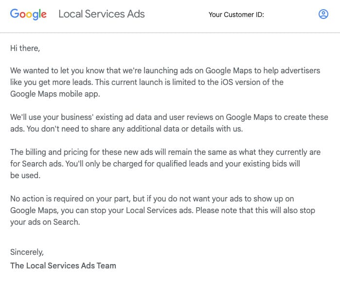 Local Services Ads LSAs added to Google Maps Email Announcement